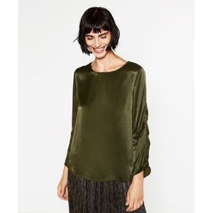 ZARA Silky olive green satin blouse gathered 3/4 sleeves crew neck career date